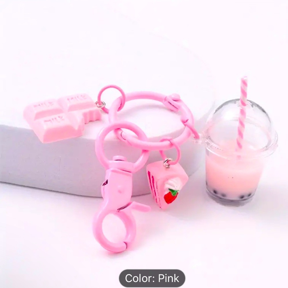 Strawberry Boba Tea Keychain Candy Bar Slice of Cake Charms Backpack Purse